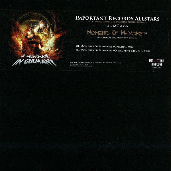 Important Records Allstars Feat. MC Axys : Moments Of Memories (A Nightmare In Germany Anthem 2012) (12", S/Sided)